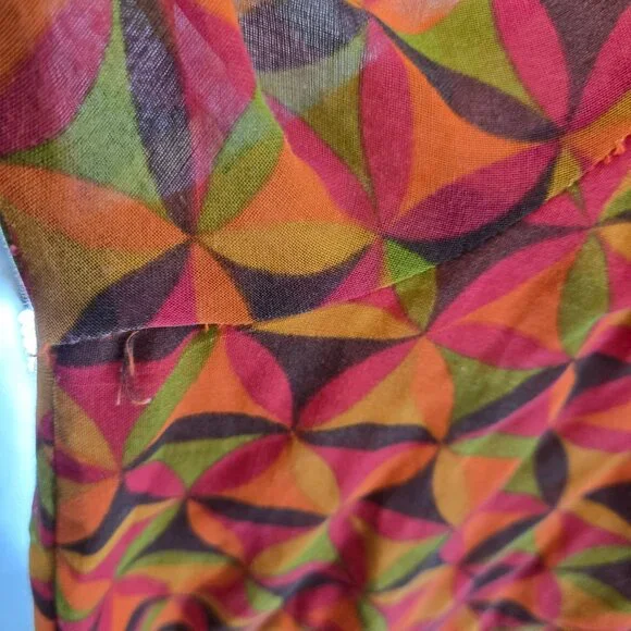 Vintage Jody of California 70s Orange Brown Green Geometric Mini Dress Flaws - Picture 5 of 14